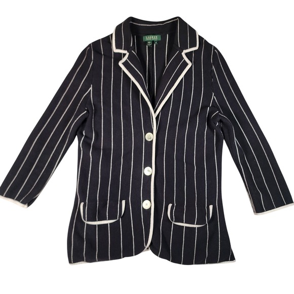 LAUREN Ralph Lauren Women's Blazer Jacket Striped White Trim Cotton Medium - Picture 1 of 10